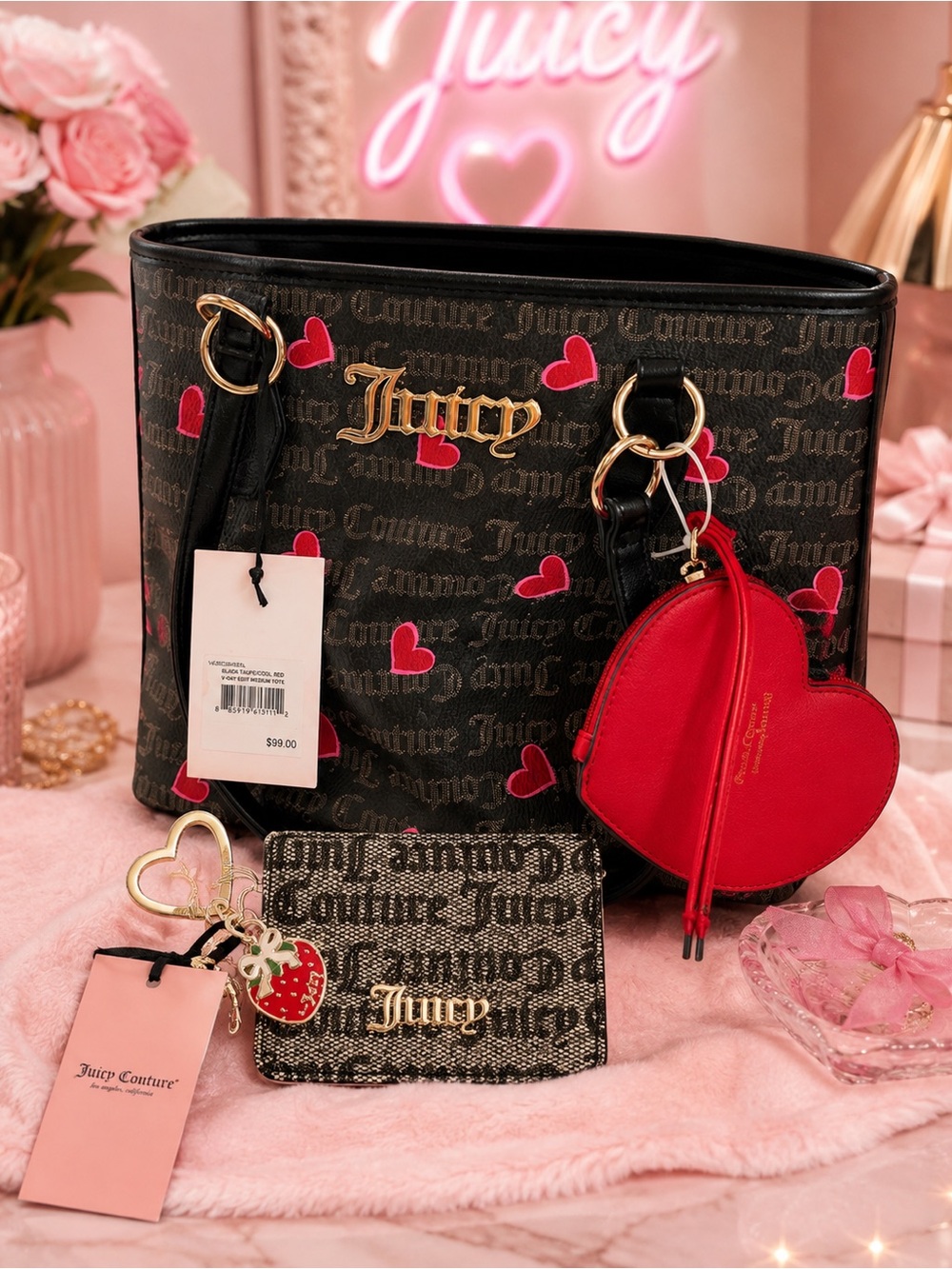 Juicy Couture Black Heart Print Tote Bag with Charm and Wallet